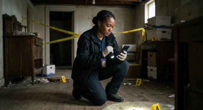 Detective Investigating Gritty Crime Scene With Flashlight And Evidence Markers