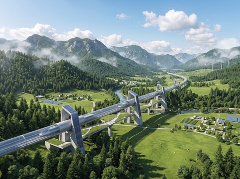 High-speed futuristic hyperloop pod speeding through an elevated tube system across a picturesque green mountain landscape powered by clean solar and wind energy.