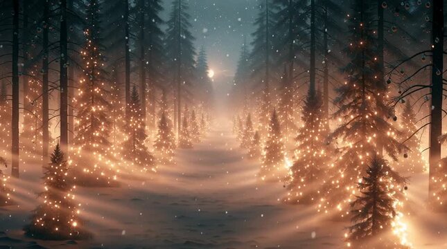 A magical winter forest where thousands of individually decorated glowing Christmas trees stretch toward the horizon, surrounded by falling snow, golden light, fog and moonlight.