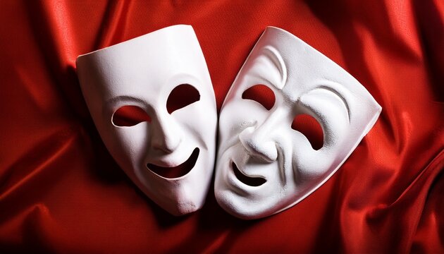 theatrical comedy and tragedy masks on red fabric background