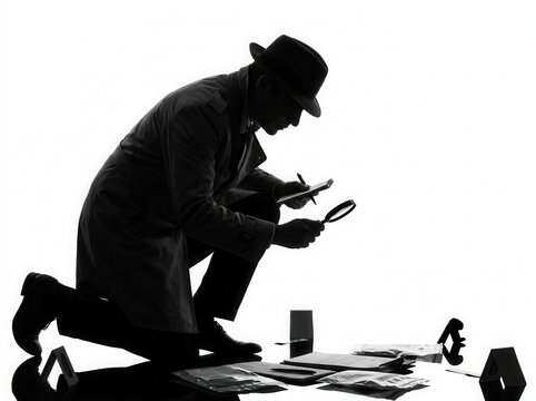 Detective Examining Evidence With Magnifying Glass And Notepad