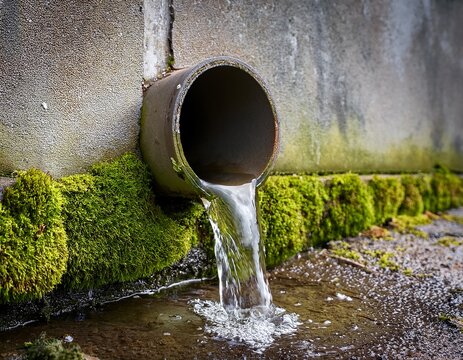 a broken drainpipe leaks steadily against a concrete wall with moss growing around its base and water staining the surrounding surface