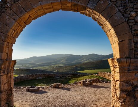 volubilis s ancient stone walls and archway frame a serene mountain view in morocco