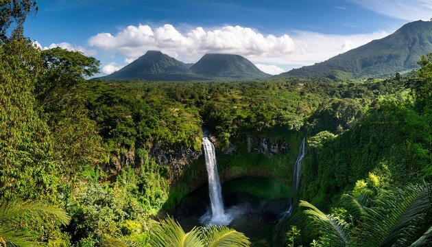 lush tropical landscape featuring waterfall amidst vibrant greenery and distant mountains