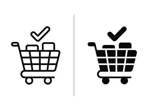 Shopping cart vector icon with check mark, clean outline and filled design for e-commerce, checkout, retail, online shopping and purchase