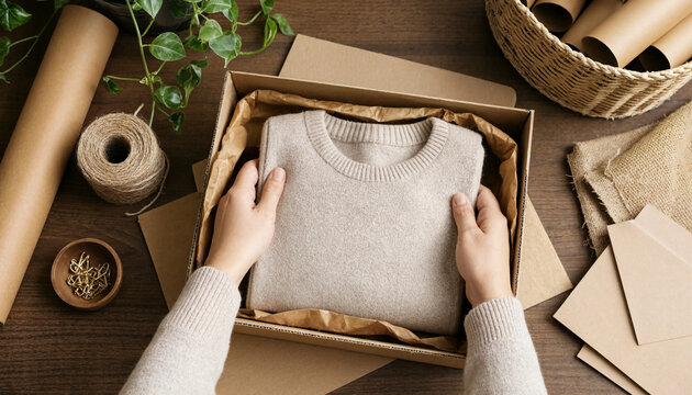 Person packing a knitted woolen sweater into a cardboard shipping box with online store small business kraft paper wooden table flat lay shipping ecommerce packaging clothing handmade