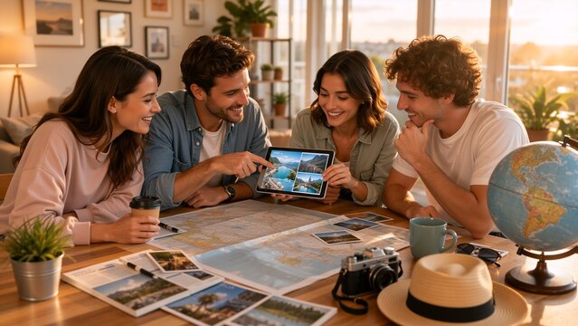 Four friends gather around a table with maps, travel photos, and a tablet while planning a vacation in a warm, sunlit living room with a globe and camera.