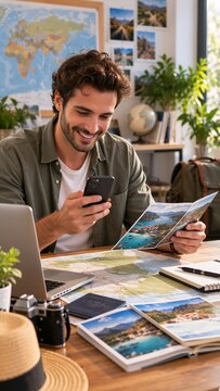 Smiling young man reviews travel photos on a smartphone while holding a map and brochures at a desk, with a laptop, globe, and destination images in a bright home office.