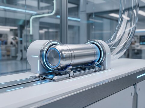 A sleek metallic pneumatic capsule on an automated transport track connected to a transparent tube inside a modern high-tech laboratory or smart manufacturing facility.