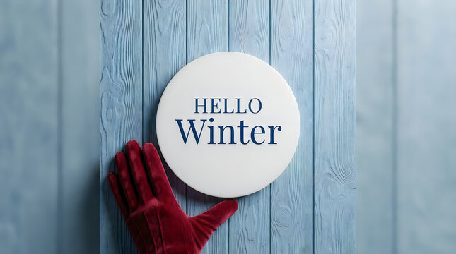 A person wearing red mittens holding a round sign that says hello winter against a blue wooden wall