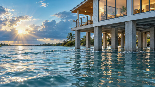 Stilt house over water at sunset symbolizing life insurance and residential property protection