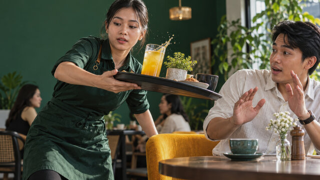 Waitress dropping tray of drinks and food in cafe with surprised customer reacting for life insurance claim