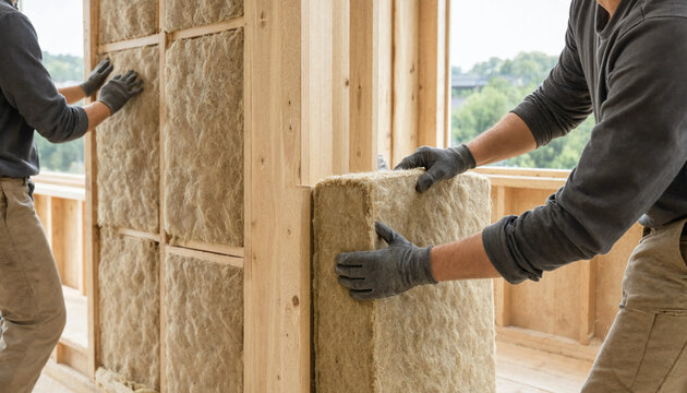 Construction workers installing natural insulation panels into wooden wall stud framework with house building thermal insulation eco friendly builders renovation insulation framework