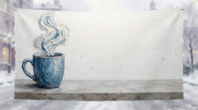 Blue coffee mug with hot steam on a stone table with a blurry winter city street background