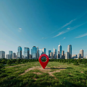 Red location map pin icon stands on grassy field before modern city skyline with glass skyscrapers and blue sky representing destination tracking and urban development positioning.