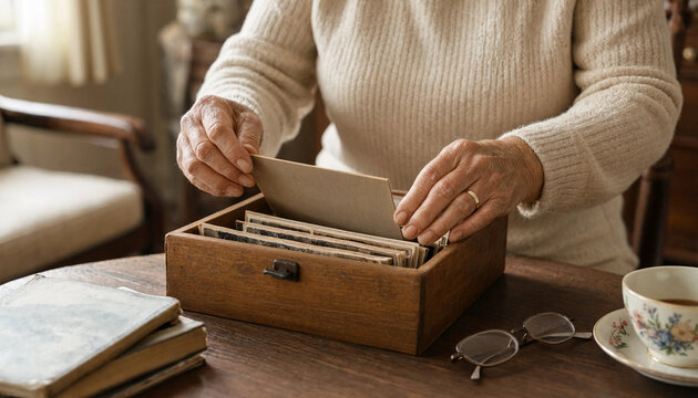 Senior person browsing old vintage recipe cards in wooden recipe box with tea cup senior citizen browsing nostalgia memories heritage tradition culinary organizing searching keepsakes