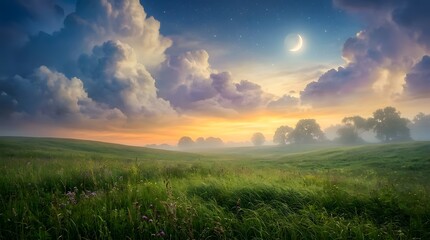 Fototapeta premium Sunset over green field with dramatic clouds