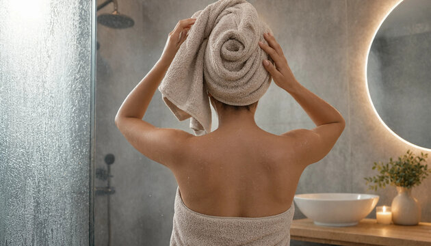 Woman with towel wrapped around head in modern bathroom interior hair towel skin care body care self care morning routine evening routine terry cloth wet hair after bath relaxation
