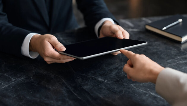 Business professional pointing at digital tablet screen during office negotiation with office desk business meeting pointing finger corporate discussion holding device business people