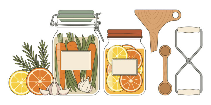 Preserving food in jars with vegetables and citrus vector illustration on transparent background.