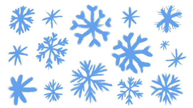 Set of chalk or pencil drawing of snowflakes. Vector illustration. Snowflake sketch doodle hand drawn in grunge style. Christmas Concept. Festive winter holiday decorations for Christmas and New Year.