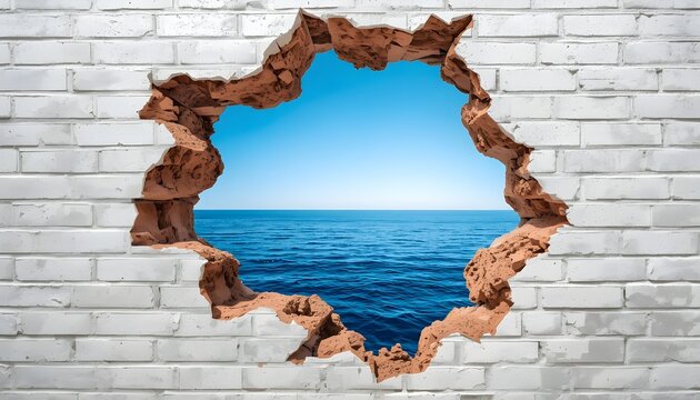 White brick wall with a broken hole revealing a blue ocean view.