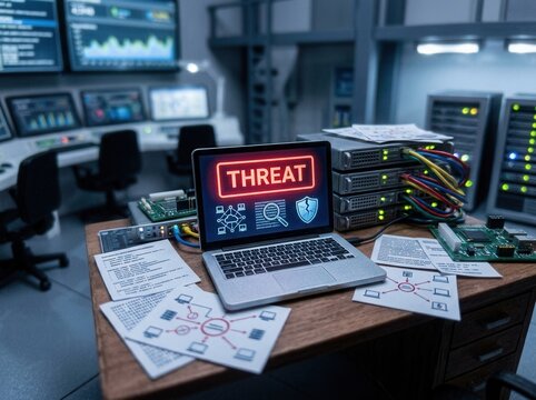 Cybersecurity Threat Alert In A Dark Server Room Displayed On Laptop Screen