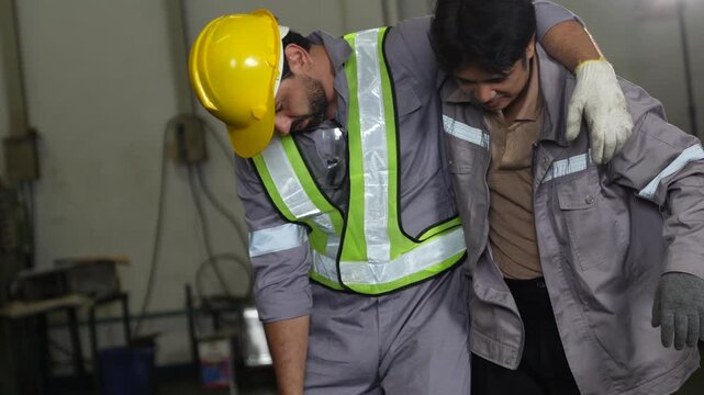 Construction worker safety vest and hard hat supporting injured colleague indoors after workplace accident, industrial worker offering safety support inside construction facility with concern