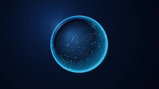 Digital globe rotating with interconnecting lines and particle effects representing global communication network connectivity in dark blue space.