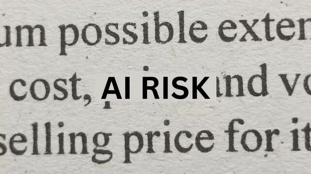 AI risk title word above rapidly changing news or magazine media article texts. Stop motion animation loop. Emerging global Artificial Intelligence risk, threat or danger safety concerns concept.