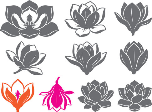 Lotus flower icons in grey and colorful designs