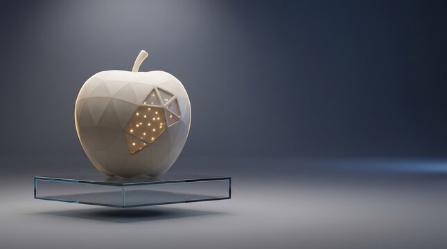 Illuminated white ceramic apple sculpture with geometric light patterns on glass stand for innovative technology concept