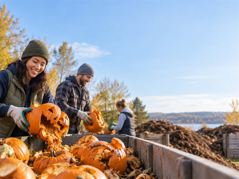 Community pumpkin smash event with volunteers breaking old jack o lanterns into a compost collection area showing seasonal waste reduction landfill diversion and neighborhood sustainability