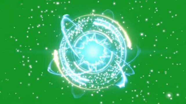 Mystical Glowing Magic Energy Circle Rotating with Sparkling Particles on Green Screen Background, Fantasy VFX Animation