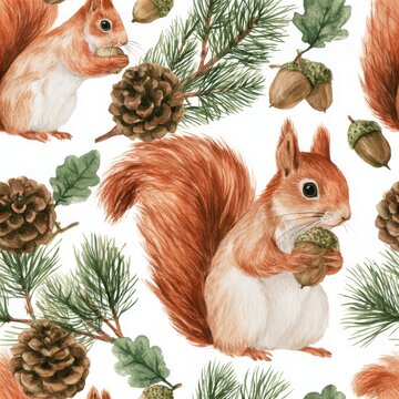 Watercolor seamless pattern of a squirrel gathering acorns and pinecones on a clean white background, soft illustrative style