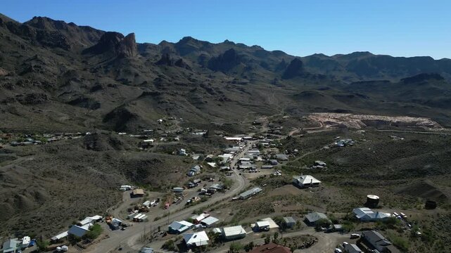 Aerial drone view of Oatman, Arizona, historic Route 66 town