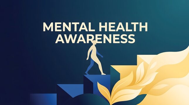 Mental health awareness concept illustration featuring a person climbing stairs