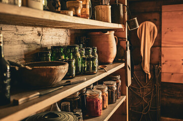 Close-up of rustic wooden shelves filled with vintage glassware and pottery in warm, dim lighting © Mario