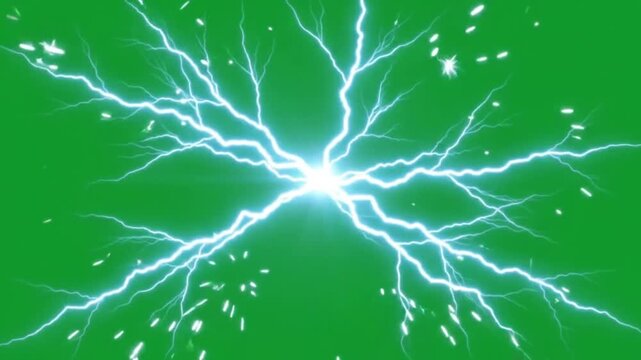 Powerful Electric Lightning Strike with Branching Energy Bolts and Sparks on Green Screen Background, Cinematic 4K VFX Effect