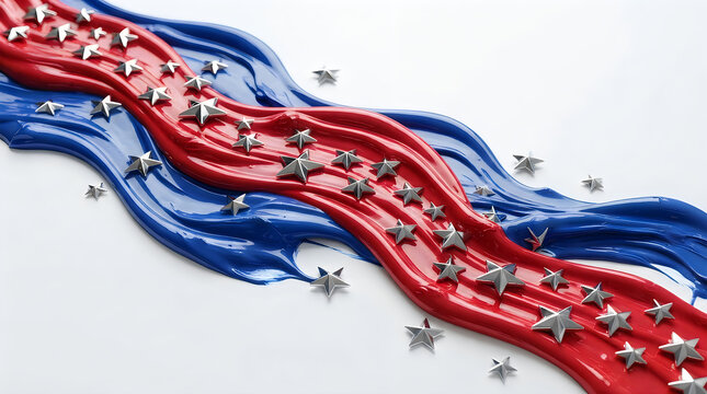 Abstract red and blue wavy paint ribbons with shiny silver stars flowing across the frame