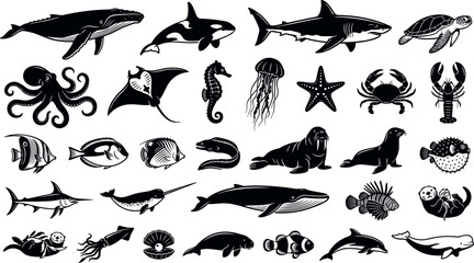 Fototapeta premium Marine life and ocean animals silhouette vector icon set