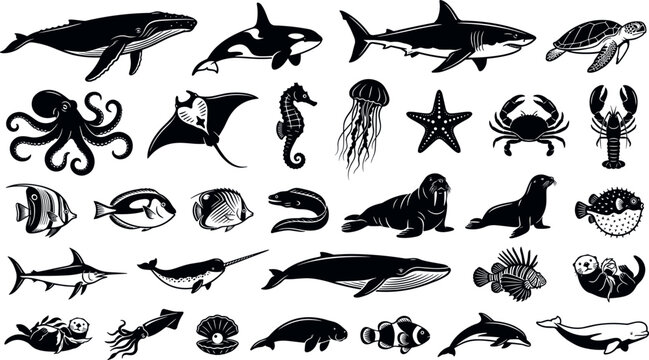 Marine life and ocean animals silhouette vector icon set