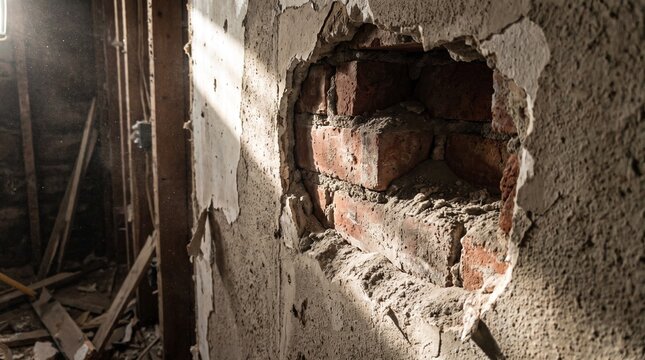 Demolition Site Drywall Break Exposing Old Brick Wall Interior