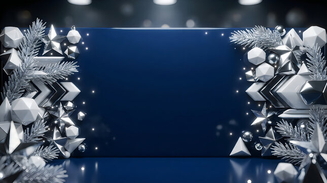 Elegant dark blue christmas background with silver holiday ornaments and pine branches frame