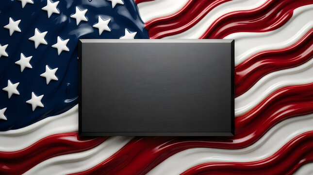 Blank black rectangular sign centered on a glossy wavy american flag background