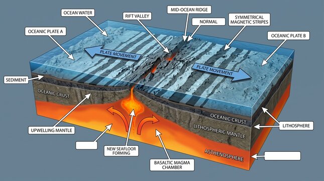 Seafloor spreading diagram showing mid ocean ridge tectonic plate divergence rift valley basaltic magma chamber lithosphere and magnetic stripes process.