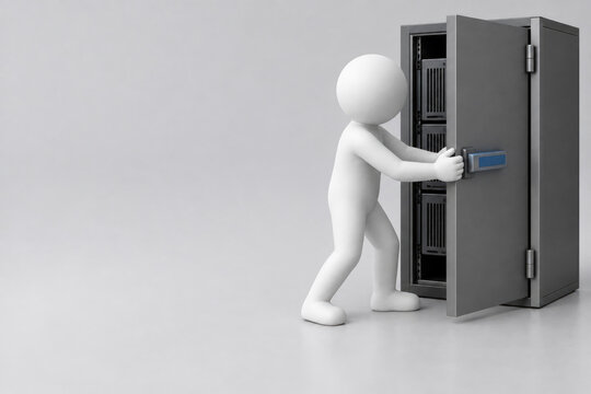 Person opens a secure server cabinet door. Space for text.