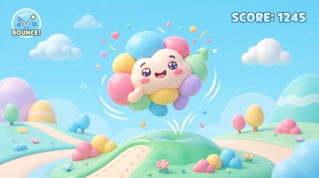 Kawaii cloud character in colorful mobile game interface. Cute bouncing mascot in pastel fantasy landscape. 3D cartoon game design with score display.