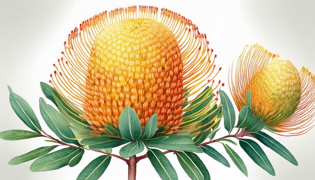 watercolor australian banksia floral on white background