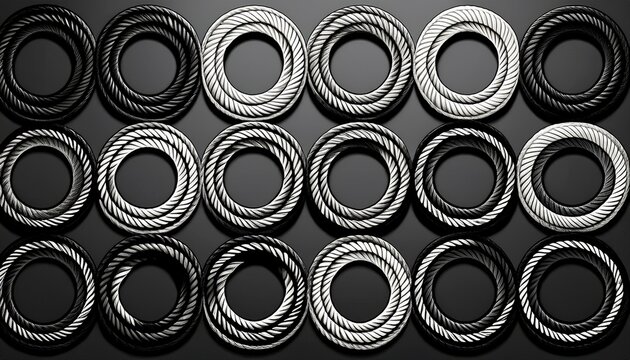 eighteen black and white braided rope circular frames